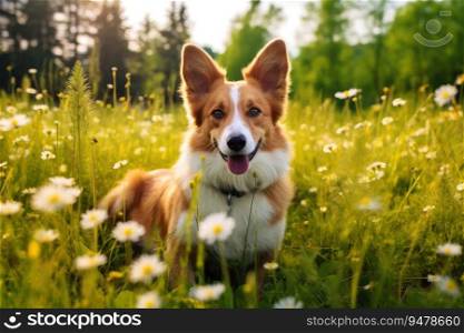 Dog sits in the grass. Generative AI