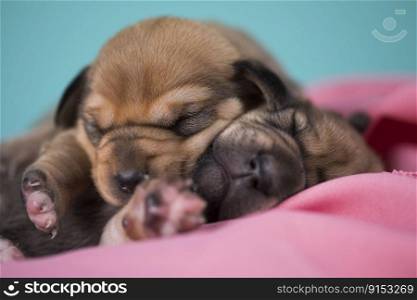 Dog sleeps on a pink blanket