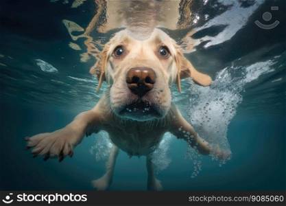 Dog swim underwater. Illustration Generative AI. Dog swim underwater. Illustration AI Generative