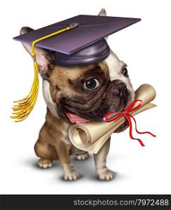 Dog training pet school concept with a bull dog wearing a graduation holding a diploma in his mouth as a symbol of animal obedience education and veterinary guidance in a dynamic forced perspective on a white background.