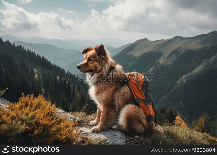 Dog traveler with backpack. Travel adventure. Generate Ai. Dog traveler with backpack. Generate Ai
