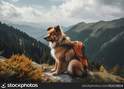 Dog traveler with backpack. Travel adventure. Generate Ai. Dog traveler with backpack. Generate Ai