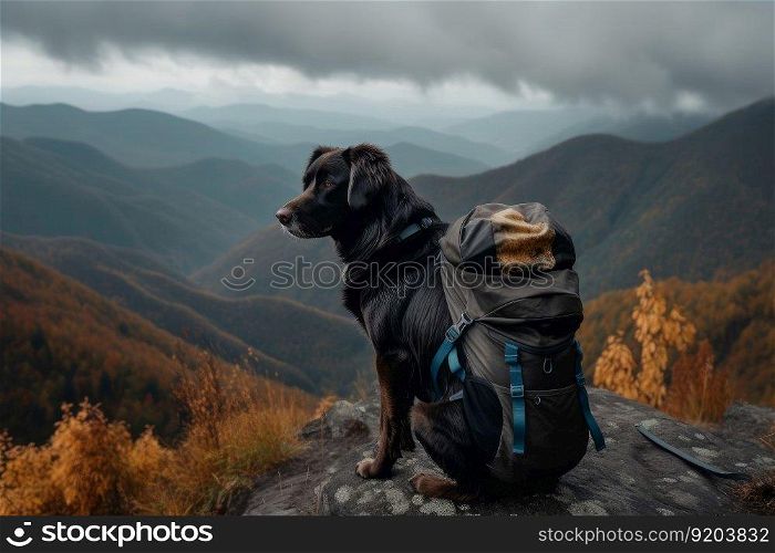Dog traveler with travel backpack. Freedom c&ing. Generate Ai. Dog traveler with travel backpack. Generate Ai