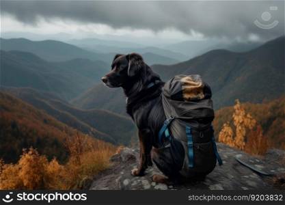 Dog traveler with travel backpack. Freedom c&ing. Generate Ai. Dog traveler with travel backpack. Generate Ai