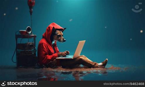 Dog Wearing a Red Hoodie Sitting at a Laptop. Generative ai. High quality illustration. Dog Wearing a Red Hoodie Sitting at a Laptop. Generative ai