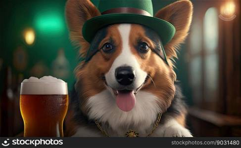 Dog wearing St. Patricks green hat drinking a cold beer pint at a pub bar. Generative AI. 