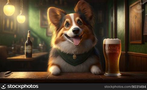 Dog wearing St. Patricks green hat drinking a cold beer pint at a pub bar. Generative AI. 