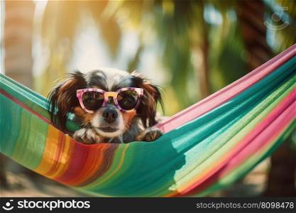 Dog wearing sunglasses relaxing in hammock among lush tropical foliage during summer day. Generative AI. Dog in sunglasses in Hammock in Tropical Garden. Generative AI