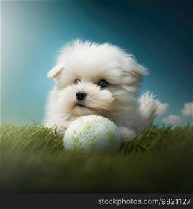 Dog with ball in the field. Illustration Generative AI