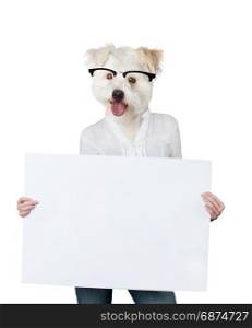 Dog with blank billboard. Dog above banner or sign