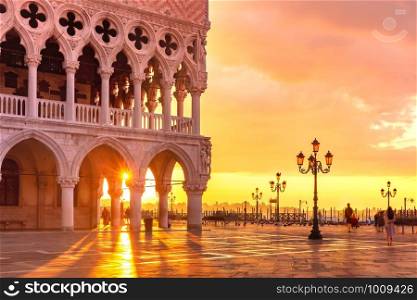 Doge Palace or Palazzo Ducale and Piazzeta San Marco at sunrise in Venice, Italy. San Marco square at night. Venice, Italy
