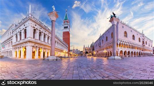 Doge&rsquo;s Palace, Library of Saint Mark and the Columns of Saint Mark and Saint Theodore, panorama of Venice, Italy.. Doge&rsquo;s Palace, Library of Saint Mark and the Columns of Saint Mark and Saint Theodore, panorama of Venice, Italy
