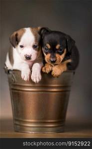 Dogs in a metal bucket