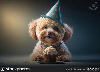 dogs in birthday caps sit at party. Illustration Generative AI. dogs in birthday caps sit at party. Illustration AI Generative