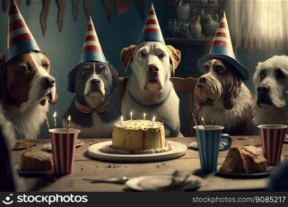 dogs in birthday caps sit at party. Illustration Generative AI. dogs in birthday caps sit at party. Illustration AI Generative