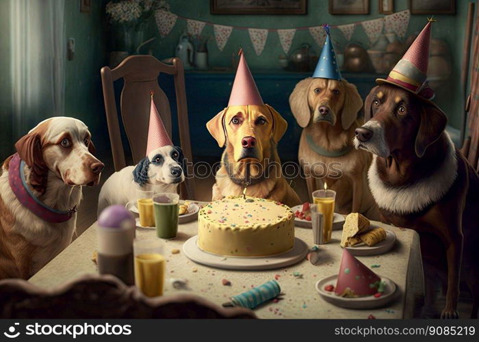 dogs in birthday caps sit at party. Illustration Generative AI. dogs in birthday caps sit at party. Illustration AI Generative