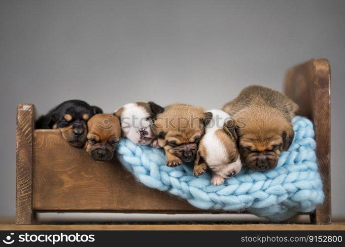 Dogs sleep on a small wooden bed