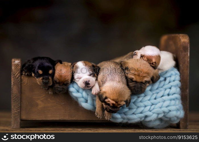 Dogs sleep on a small wooden bed