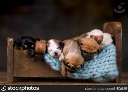 Dogs sleep on a small wooden bed