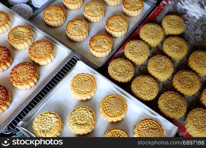 Doing moon cake for mid autumn festival at home, group of sweet cakes on tray, baking at home attractive many housewife that make food safety with delicious homemade product