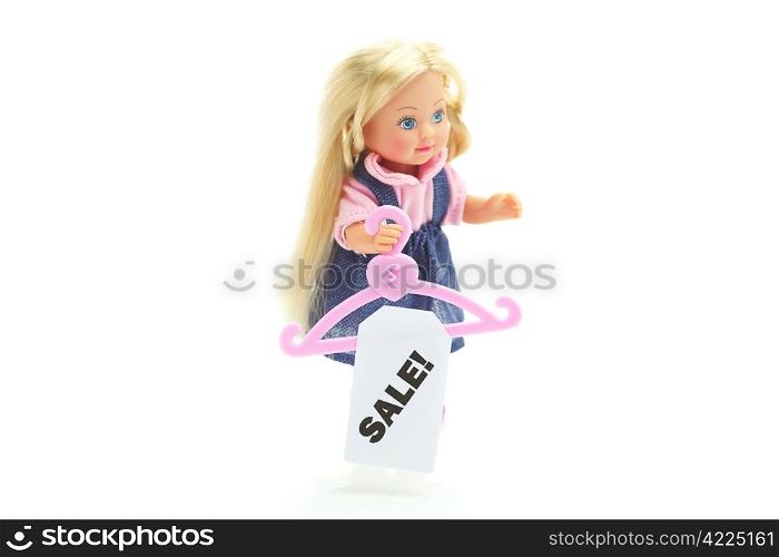 doll and hanger with a price tag sale isolated on white