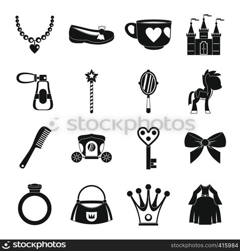 Doll princess items icons set. Simple illustration of 16 doll princess items vector icons for web. Doll princess items icons set, simple style