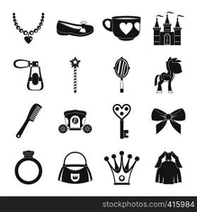 Doll princess items icons set. Simple illustration of 16 doll princess items vector icons for web. Doll princess items icons set, simple style