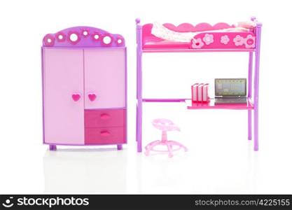 doll wardrobe , bed, chair and laptop isolated on white