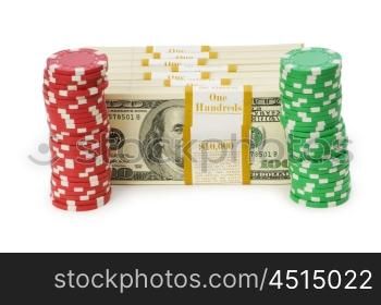 Dollar and casino chip stacks on white