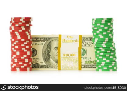 Dollar and casino chip stacks on white