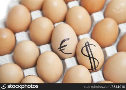 Dollar and euro sign on eggs surrounded by plain brown eggs in carton