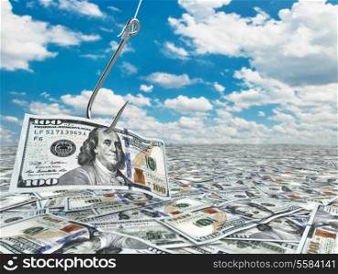 Dollar and fish-hook on cloudscape. Financial concept.. 3d