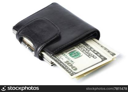 Dollar banknotes in black wallet isolated