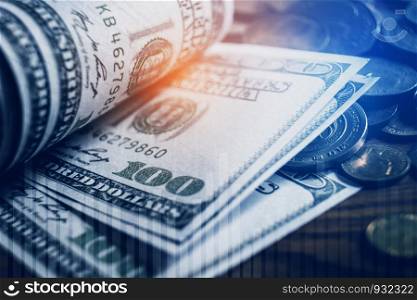 Dollar bills and finance and banking on digital stock market financial exchange