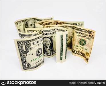 dollar bills of different amounts. Image of the dollar bills in vertical on white background