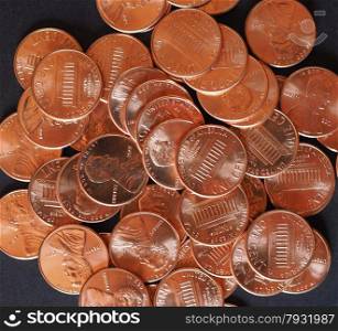 Dollar coins 1 cent wheat penny cent. One cent wheat penny coin currency of the United States over black background