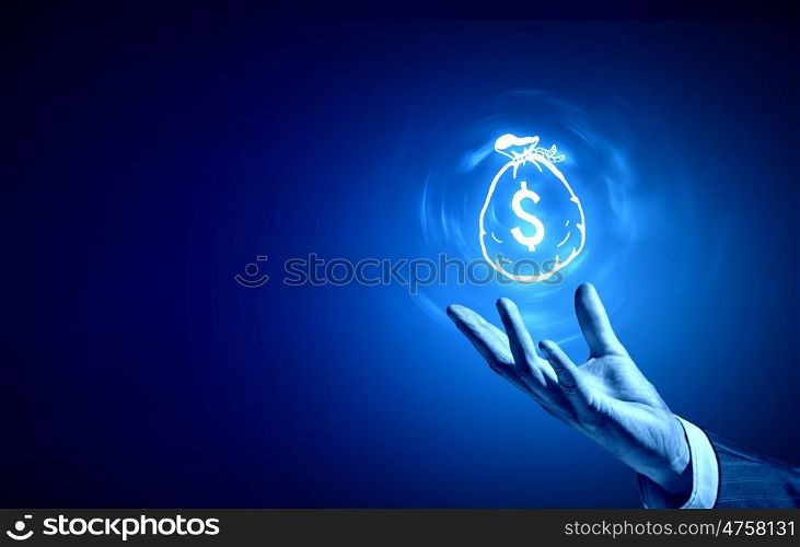 Dollar concept. Person hand holding money concept on blue background