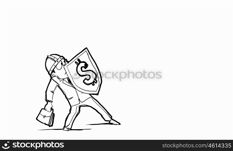 Dollar concept. Scared businessman holding shield with dollar currency symbol