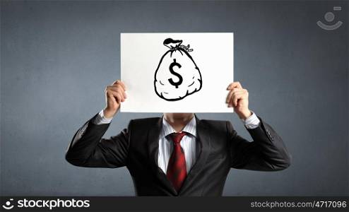 Dollar concept. Unrecognizable businessman holding paper covering his face
