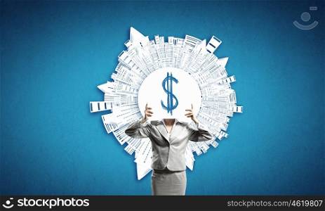 Dollar concept. Unrecognizable businesswoman holding paper covering her face
