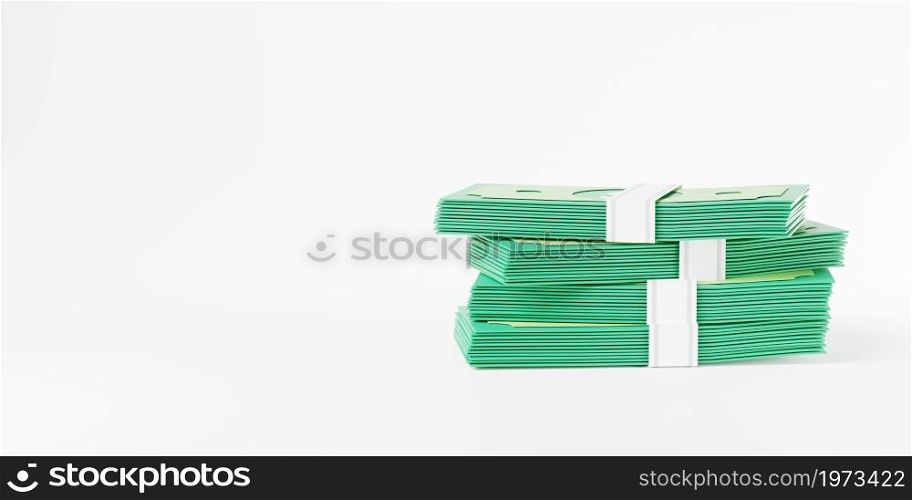 Dollar currency banknote green stack, cash money bills icon isolated on white background, Banking finance investment, web element design, 3D rendering illustration