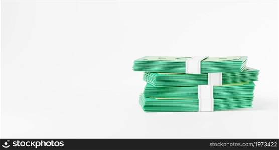 Dollar currency banknote green stack, cash money bills icon isolated on white background, Banking finance investment, web element design, 3D rendering illustration