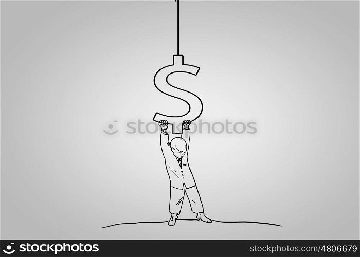 Dollar currency. Caricature of businessman lifting dollar symbol above head