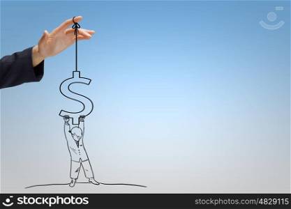 Dollar currency. Caricature of businessman lifting dollar symbol above head