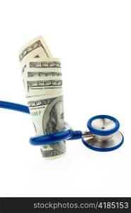 dollar currency notes and stehoskop. costs of health and medicine