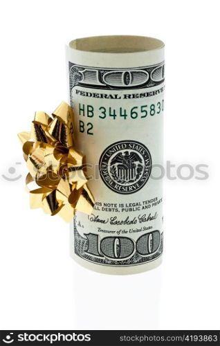 dollar currency notes for a gift. on a white background with gold ribbon