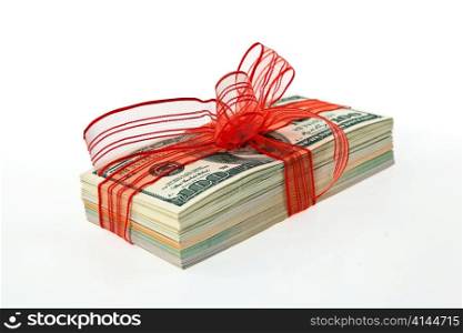 dollar currency notes for a gift. on a white background with red bow