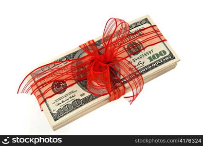 dollar currency notes for a gift. on a white background with red bow