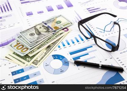 dollar currency on financial charts, expense cash flow summarizing and graphs background, concepts for saving money, budget management, stock exchange and business income report