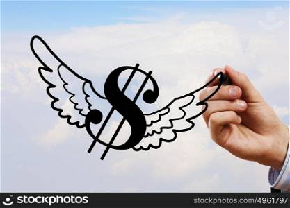 Dollar currency rise. Businessman hand drawing dollar flying sign on sky background